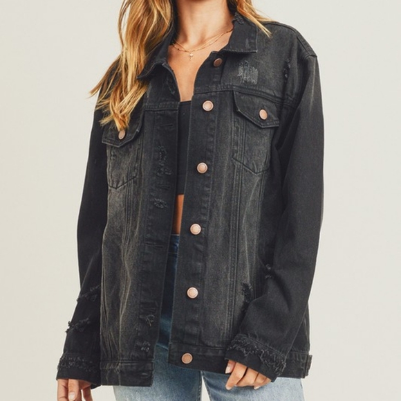 RISEN Distressed Cotton Torn Denim Jean Jacket Long Sleeve Black Button Collar - Picture 10 of 16